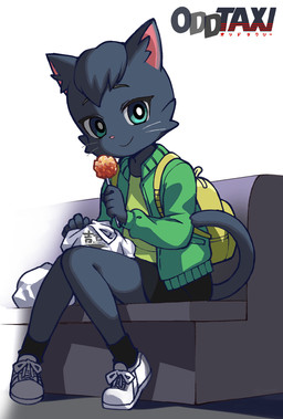anthro backpack bench black_body black_fur black_hair bottomwear chicken_meat clothed clothing female food footwear fried_chicken fur furgonomics green_eyes hair jacket kemono knock-kneed logo looking_at_viewer low-angle_view meat plastic_bag shadow shirt shoes simple_background sitting skirt smile sneakers socks solo tail tail_through_skirt toothpick topwear whiskers white_background yamai odd_taxi sakura_wadagaki_(odd_taxi) domestic_cat felid feline felis mammal