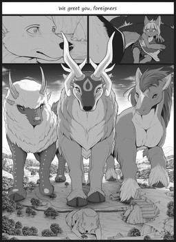 ambiguous_gender anthro antlers bangs bare_chested clothed clothing cloud creek dialogue ears_up extreme_size_difference facial_markings female feral flat_chested fur greeting group head_markings hooves horn larger_male looking_down looking_up male markings oh_shit plant shadow sitting size_difference smaller_female standing tail text topless topless_anthro topless_female tree wide_eyed s2-freak calie_(s2-freak) schwarzpelz bovid canid canine canis caprine deer equid equine fennec_fox fox horse hybrid mammal sheep true_fox wolf 2026 english_text hi_res monochrome