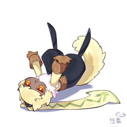 anthro bottomwear chibi clothing fur gloves handwear long_ears male orange_eyes pants ponytail_ears shirtless small_waist solo yellow_body yellow_fur youzaiyouzai112 bandai_namco digimon digimon_ghost_game digimon_(species) lagomorph leporid mammal rabbit symbareangoramon 1:1 hi_res