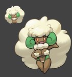 anthro big_breasts blush blush_lines breasts brown_body female generation_5_pokemon hair hi_res looking_at_viewer navel nintendo official_art open_mouth orange_eyes pokemon pokemon_(species) short_stack simple_background smile solo standing thick_thighs whimsicott white_hair wide_hips yboon