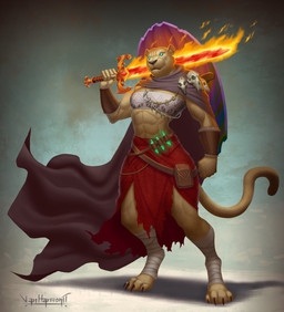 abs anthro breasts brown_body brown_fur cape claws clothing digitigrade female flaming_sword fur holding_melee_weapon holding_object holding_sword holding_weapon melee_weapon muscular muscular_female red_clothing shield simple_background solo standing sword tail weapon vanharmontt felid lion mammal pantherine 2023 absurd_res digital_media_(artwork) hi_res