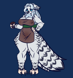 anthro apron apron_only bangs barefoot barista beak beverage big_breasts black_stripes blue_eyes breasts claws cleavage clothed clothing coffee coffee_cup container cup eyelashes feathers feet female fluffy fluffy_chest fluffy_ears hair hair_over_eye hand_on_hip inner_ear_fluff long_ears long_hair looking_at_viewer markings nipple_outline nipples non-mammal_breasts non-mammal_nipples smile solo striped_markings stripes tail tail_feathers talons thick_thighs toes tuft white_body white_feathers white_hair wide_hips kumo4an fan_character avian bird horned_owl owl snowy_owl true_owl absurd_res alpha_channel hi_res story story_in_description