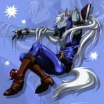 anthro armpit_hair biped black_nose blue_eyes body_hair boots claws clothing footwear fur grey_body grey_fur hair jumpsuit long_hair looking_at_viewer male shoes sitting smile solo tight_clothing unzipped_jumpsuit white_hair zipper zipper_jumpsuit inumania pretty_cure smile_pretty_cure wolfrun canid canine canis mammal wolf 1:1 2012