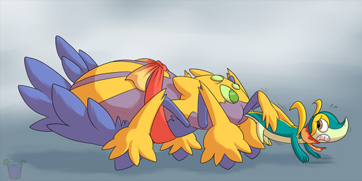 3_fingers blue_background brown_eyes duo feral fingers green_body green_eyes looking_at_another oral_vore scarf scratch_mark simple_background swallowing vore worried yellow_body dweet-tea nintendo pokemon galvantula generation_5_pokemon pokemon_(species) snivy 2014