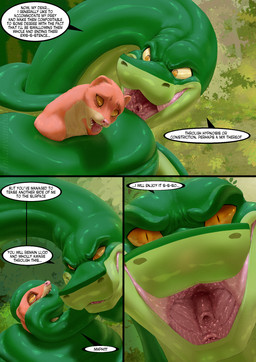 anthro asphyxiation choking coiling dialogue duo female female_prey feral fur glossy_body green_body hair larger_pred male male/female male_pred open_mouth orange_body orange_fur simple_background size_difference squeezing tail tail_in_mouth text yellow_eyes inkanyamba_(artist) jajuka roma_(tacokurt) herpestid mammal mongoose python reptile scalie snake comic digital_media_(artwork) english_text hi_res remake