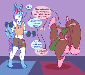 anthro athletic athletic_wear balls big_balls big_bulge big_butt blep buckteeth bulge butt dialogue duo erection exercise femboy genitals heart_after_text heart_symbol huge_balls huge_bulge huge_butt huge_hips humanoid_genitalia hyper hyper_balls hyper_bulge hyper_genitalia male muscular muscular_male simple_background speech_bubble tail tail_motion tailwag teeth text tongue tongue_out weightlifting wide_hips workout workout_clothing nokamiwd nintendo pokemon canid eeveelution generation_4_pokemon generation_6_pokemon lagomorph lopunny mammal pokemon_(species) shiny_pokemon sylveon english_text hi_res