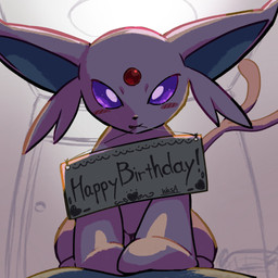 ambiguous_feral ambiguous_gender big_ears black_nose blue_inner_ear blush blush_stickers cheek_tuft facial_tuft feral forehead_gem forked_tail front_view fur gem happy_birthday heart_symbol holding_object holding_sign inside kemono looking_at_viewer looming looming_over low-angle_view monotone_body monotone_fur monotone_tail mouth_hold purple_body purple_ears purple_eyes purple_fur purple_tail quadruped sign sitting smile solo tail text tuft unusual_anatomy unusual_tail wasawasa nintendo pokemon eeveelution espeon felid feline generation_2_pokemon mammal pokemon_(species) 1:1 2026 colored digital_media_(artwork) english_text full-length_portrait hi_res portrait shaded signature