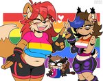 all_fours anthro belly bisexual_pride_colors black_clothing blue_hair blush bodily_fluids bottomwear bracelet brown_eyes brown_hair cheek_tuft clothing crawling curvy_anthro curvy_female curvy_figure dipstick_ears drooling ear_markings eyebrow_slit eyebrows eyes_closed facial_tuft female fingerless_gloves fur fur_markings gesture gloves gold_(metal) gold_tooth group hair hand_gesture handwear heart_ear_piercing heart_ear_ring heart_symbol highlights_(coloring) inner_ear_fluff item_in_mouth jewelry lesbian_pride_colors lgbt_pride long_hair markings midriff multicolored_ears navel on_ground one_eye_obstructed open_mouth orange_eyes pansexual_pride_colors pants piercing pride_colors purple_clothing rainbow_flag rainbow_pride_flag rainbow_symbol red_clothing red_hair saliva sharp_teeth shirt short_hair shorts simple_background slightly_chubby slightly_chubby_anthro slightly_chubby_female smile spiked_bracelet spikes teeth thick_eyebrows thick_thighs topwear trio tuft v_sign darkwolfhybrid lgbt_pride_month sega sonic_the_hedgehog_(series) fan_character i.v._the_lynx melina_fox sycho_the_wolverine canid canine felid feline fox gulonine lynx mammal mustelid musteline wolverine hi_res