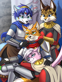 anthro anthro_on_anthro blue_body blue_fur blue_hair breasts clothed clothed_anthro clothed_male clothing ear_piercing ear_ring eyebrows female fingers fur group hair male male/female markings orange_body orange_fur piercing pink_body pink_fur ring_piercing smile spots spotted_body spotted_fur white_body white_fur yellow_body yellow_fur heresy_(artist) lancer:_the_knights_of_fenris nintendo star_fox fox_mccloud katt_monroe krystal_(star_fox) miyu_(star_fox) slippy_toad amphibian canid canine domestic_cat felid feline felis fox frog lynx mammal toad_(frog) 2026 3:4 digital_media_(artwork) hi_res