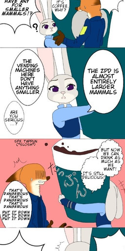 anthro bodily_fluids clothed clothing container cup dialogue duo ellipsis female fur grey_body grey_fur holding_container holding_cup holding_object interrobang male orange_body orange_fur police police_uniform sweat sweatdrop text uniform moromorowephi third-party_edit disney zootopia judy_hopps nick_wilde canid canine fox lagomorph leporid mammal rabbit red_fox true_fox 2018 alternate_version_at_source comic english_text hard_translated hi_res translated