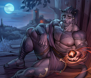 abs anthro black_sclera blue_hair bulge clothed clothing cloud ear_piercing ear_ring fangs fur grass grey_body grey_fur hair magic_user male moon mouth_closed muscular muscular_anthro muscular_male narrowed_eyes night nipples pecs piercing plant purple_clothing purple_topwear red_eyes ring_piercing sitting sky solo teeth topwear tower edvardiko final_fantasy final_fantasy_xiv square_enix felid hrothgar mammal absurd_res hi_res