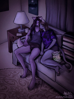 ambiguous_gender anthro bedding black_hair blanket cellphone chips_(food) clothing coffee_mug cuddling curtains duo ear_piercing ear_ring electronics feet food furniture gynomorph hair hindpaw intersex kindle_(object) lamp lgbt_pride living_room long_hair on_sofa painting_(object) pawpads paws phone piercing pride_colors ring_piercing rug sitting sitting_on_sofa smartphone sofa tail text transgender_pride_colors underwear watching_television andyfurfulz andy_(andyfurfulz) cass_(andyfurfulz) canid canine canis domestic_cat domestic_dog felid feline felis mammal spitz absurd_res english_text hi_res signature url nonbinary_(lore) trans_(lore) trans_woman_(lore)