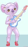 accessory adolescent anthro biped black_nose blush clothing eyebrows female footwear footwear_only front_view genitals grey_body grey_hair guitar hair hair_accessory holding_guitar holding_musical_instrument holding_object looking_at_viewer mostly_nude musical_instrument open_mouth playing_music plucked_string_instrument red_sneakers short_hair simple_background solo string_instrument teeth text tongue vulva young young_anthro young_female maverick t.o.t.s. tiny_ones_transport_service k.c._(t.o.t.s.) koala mammal marsupial vombatiform 2025 3:5 hi_res url