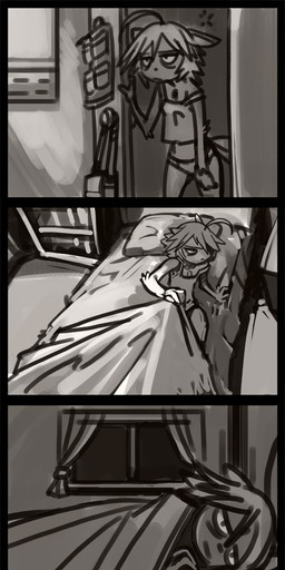 ambiguous_gender anthro anthrofied bed bed_covers bedding blanket bookshelf creepy dark electricity eyes_closed female furniture group hair humor lightning lying pillow pokemorph scared smile solo_focus tired trio window bittenhard nintendo pokemon generation_2_pokemon girafarig mammal mustelid pokemon_(species) sneasel absurd_res greyscale hi_res long_image monochrome tall_image