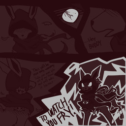 ambiguous_gender angry blood blood_splatter bodily_fluids cloak clothing dialogue ears_back ears_up electricity falling_leaves feral flowing_clothing group hood_(clothing) hood_over_eyes hood_up insane_eyes ominous open_mouth out_of_context pivoted_ears ragged_clothing reflection_in_eyes shocked simple_background teeth_showing text wind yelling witseoc nintendo pokemon eeveelution generation_1_pokemon generation_5_pokemon jolteon joltik pokemon_(species) 1:1 absurd_res comic english_text hi_res
