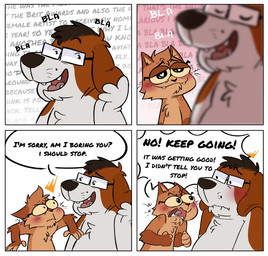 anthro blush chest_tuft dialogue duo eyewear fangs glasses hair male male/male markings mole_(marking) nude open_mouth open_smile short_hair simple_background size_difference smile snout speech_bubble talking_to_another teeth text tuft wearing_glasses whiskers thediyemi canid canine canis domestic_cat domestic_dog felid feline felis mammal colored comic digital_drawing_(artwork) digital_media_(artwork) english_text flat_colors