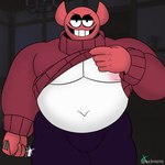 belly clothing grin knife male overweight overweight_male pecs smile solo sweater topwear weapon lucknomz spooky_month bob_velseb demon humanoid 1:1 hi_res