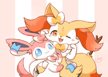 accessory ambiguous_anthro ambiguous_feral ambiguous_gender anthro biped blue_eyes blush bow_ribbon bow_tie closed_smile cute_fangs digitigrade dipstick_tail duo fangs feral fur hair_accessory hair_bow hair_ribbon looking_at_viewer markings mouth_closed object_in_tail one_eye_closed open_:3 open_mouth open_smile pattern_background paw_pose pink_tail pose quadruped ribbons ribbons_(anatomy) simple_background smile standing stick stick_in_tail tail tail_markings teeth tongue white_body white_fur wink winking_at_viewer chappika38 nintendo pokemon braixen canid eeveelution generation_6_pokemon mammal pokemon_(species) sylveon 2023 digital_drawing_(artwork) digital_media_(artwork) hi_res japanese_description signature translated_description