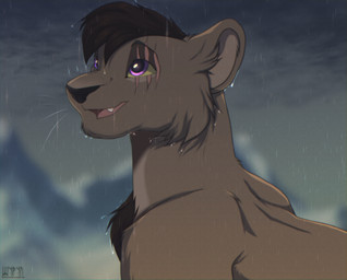 brown_hair cheek_tuft cloud ear_tuft eye_scar facial_scar facial_tuft feral fluffy fluffy_chest fluffy_hair fur grey_body grey_fur hair male mountain open_mouth purple_eyes raining scar sky teeth tongue tuft water young shyryp felid lion mammal pantherine absurd_res digital_media_(artwork) hi_res portrait