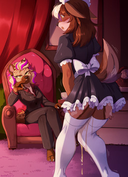 anthro bladder bodily_fluids chair clothing dominant dominant_female duo executive female female/female full_bladder furniture genital_fluids humiliation maid_uniform omorashi organs peeing submissive submissive_female suit throne uniform urine watersports wetting teaqt nia_(naddyhuck) spotte_(anubix) deer hyena mammal spotted_hyena absurd_res hi_res