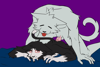 anthro anthro_on_anthro anthro_penetrated anthro_penetrating anthro_penetrating_anthro bed duo eyebrows eyes_closed feet from_behind_position fur furniture genitals heart_eyes heart_symbol humanoid_genitalia jockey_position looking_at_viewer lying lying_on_bed male male/male on_bed penetration prone_bone_position sex simple_background tail tail_tuft text textured_background toes tongue tongue_out tuft white_body white_eyebrows white_fur anonymous_artist mau_makan_apa the_stars_are_falling oktana poteto_tsaf domestic_cat felid feline felis mammal tuxedo_cat absurd_res hi_res