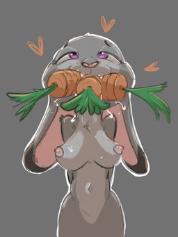 anthro bodily_fluids breasts carrot dipstick_ears ear_markings eyebrows featureless_crotch female female_anthro food food_fetish fur grey_background grey_body grey_fur heart_reaction heart_symbol multicolored_ears navel nipples nude nude_anthro nude_female pink_nipples pink_nose plant purple_eyes saliva simple_background solo suggestive suggestive_food vegetable keellion disney zootopia judy_hopps european_rabbit lagomorph leporid mammal oryctolagus rabbit 3:4 hi_res