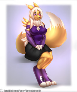 anthro big_breasts biped black_sclera blush bottomwear breasts claws cleavage clothed clothing digitigrade dipstick_ears dipstick_tail ear_markings female fur furgonomics gloves hair handwear legwear long_hair looking_at_viewer markings multicolored_body multicolored_ears multicolored_tail paws pupils purple_eyes shirt sitting skirt slit_pupils solo tail tail_markings tail_through_skirt text topwear tuft two_tone_body two_tone_ears two_tone_tail white_body white_fur white_hair yellow_body yellow_fur doomthewolf bandai_namco digimon fan_character rina_renamon canid canine digimon_(species) mammal renamon 2015 english_text hi_res url