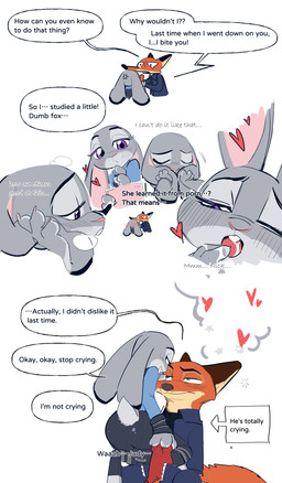 anthro anthro_on_anthro bodily_fluids brown_body brown_fur butt clothed clothing cross-popping_vein dialogue duo erection eyelashes female fur genitals grey_body grey_fur heart_symbol interspecies long_ears male multicolored_body multicolored_fur open_mouth orange_body orange_fur penis penis_grab police police_uniform predator/prey purple_eyes scut_tail short_tail speech_bubble tail tan_body tan_fur teeth text topwear uniform unprofessional_behavior butterfish8199 disney zootopia judy_hopps nick_wilde canid canine fox lagomorph leporid mammal rabbit absurd_res english_text hi_res