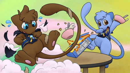 after_transformation air_puff ambiguous_gender blue_body blue_eyes bowl brown_body brown_eyes cereal cereal_box container duo feet feral food furniture gradient_background head_tuft hindpaw kitchen_utensils long_tail looking_at_self looking_away milk omnitrix open_mouth paws simple_background spilled_milk table tail tools tuft crizbn ben_10 cartoon_network nintendo pokemon chris_(crizbn) generation_1_pokemon legendary_pokemon mew_(pokemon) pokemon_(species) shiny_pokemon 16:9 2025 hi_res widescreen nonbinary_(lore)