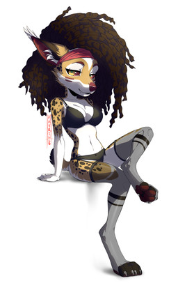 4_toes anthro big_head biped black_spots breasts brown_hair clothed clothing digitigrade dreadlocks eyelashes feet female fur hair inner_ear_fluff markings midriff navel purple_nose simple_background sitting smile solo spots spotted_body spotted_fur toes tuft white_background wide_hips yellow_body yellow_eyes yellow_fur hauringu felid feline mammal serval 2016 digital_media_(artwork) hi_res shaded