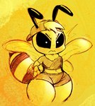 angry antennae_(anatomy) anthro black_sclera bottomwear breasts clothing eyebrows female freckles hair hat headgear headwear looking_at_viewer noseless pubes shirt short_hair shorts small_breasts solo thick_thighs topwear wide_hips wings unknown_artist arthropod bee hymenopteran insect absurd_res hi_res