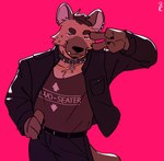 anthro athletic athletic_anthro athletic_male biped black_clothing black_jacket black_topwear blue_eyes brown_body brown_fur clothing fur gesture hand_gesture jacket key_on_collar looking_at_viewer male solo topwear v_sign 3000vnd hyena mammal 2024 absurd_res hi_res