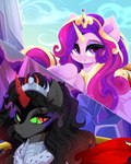 armor black_hair black_mane blonde_hair blonde_mane cape clothing cloud crown crystal duo female feral green_sclera grey_body hair headgear horn inner_ear_fluff long_hair long_mane male mane multicolored_hair multicolored_mane multicolored_tail pink_body pink_eyes pink_hair pink_mane pink_tail pupils purple_hair purple_mane purple_tail red_eyes red_horn sky slit_pupils smile tail tuft wings yellow_horn yellow_tail xsatanielx friendship_is_magic hasbro my_little_pony mythology king_sombra_(mlp) princess_cadance_(mlp) equid equine mammal mythological_creature mythological_equine unicorn winged_unicorn 2022 4:5 absurd_res digital_media_(artwork) hi_res