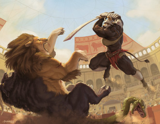 ambiguous_gender anthro armor blood bodily_fluids bottomwear breasts brown_body brown_fur clothed clothing cloven_hooves day duo feet female fingers fur gladiator green_body green_scales headgear helmet hooves horn mane melee_weapon muscular muscular_anthro muscular_female open_mouth outside pawpads scales sword teeth toes topwear unconvincing_armor warrior weapon mainlinemojo european_mythology greek_mythology mythology eleutheria_avarta bovid bovine chimera mammal minotaur mythological_chimera mythological_creature 2025 hi_res signature