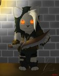 anthro cosplay dagger darkness glowing glowing_eyes leather male melee_weapon menacing_aura ragged_clothing short solo weapon kyxlect domestic_cat felid feline felis mammal hi_res