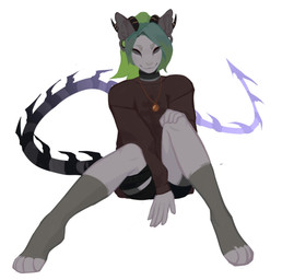 anthro black_body black_bottomwear black_clothing black_horn bottomwear brown_clothing brown_topwear clothed clothing ear_piercing eyes_closed female front_view gauged_ear green_hair grey_body hair horn jewelry markings mouth_closed necklace piercing simple_background sitting solo striped_markings striped_tail stripes tail tail_markings topwear unsigned white_background corzh77 species_request absurd_res full-length_portrait hi_res portrait