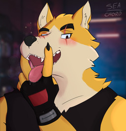 anthro blush bodily_fluids brown_eyes cunnilingus_gesture drunk eye_scar facial_scar fur gesture looking_at_viewer male open_mouth saliva scar solo substance_intoxication suggestive suggestive_gesture tongue yellow_body yellow_fur seachord remember_the_flowers cooper_krager canid canine canis mammal wolf hi_res