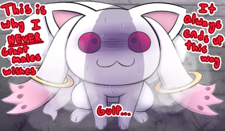 ambiguous_gender bodily_fluids chibi feral imminent_rape imminent_sex internal_dialogue looking_up nervous nervous_look nervous_smile nervous_sweat outside penis_shadow solo sweat sweatdrop sweaty_face critter_catcher puella_magi puella_magi_madoka_magica kyubey domestic_cat felid feline felis mammal