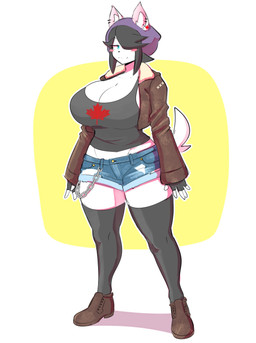 absolute_territory anthro big_breasts biped black_hair blue_eyes blush blush_stickers bottomwear breasts cleavage clothed clothing ear_piercing eyebrows eyelashes female fingerless_gloves footwear gloves hair hair_over_eye handwear hat headgear headwear huge_breasts jacket legwear midriff one_eye_obstructed piercing shirt shoes short_hair shorts simple_background smile solo tank_top topwear theycallhimcake maggie_applebee canid canine canis domestic_dog mammal 2019 absurd_res hi_res