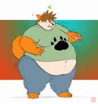 4_fingers 4_toes abstract_background anthro barefoot belly belly_overhang belly_peeking_out big_belly bottomwear brown_hair chubby_cheeks claws clothed clothing curled_tail denim denim_bottomwear denim_clothing ears_back expansion feet fingers fur hair jeans male multicolored_body multicolored_fur navel obese obese_anthro obese_male open_mouth orange_body orange_fur overweight overweight_anthro overweight_male pants pawpads paws pivoted_ears shirt solo sound_effects spiky_hair standing surprise t-shirt tail toe_claws toes topwear weight_gain wide_hips gillpanda landis_f canid canine canis domestic_dog husky mammal nordic_sled_dog spitz 2011 flat_colors