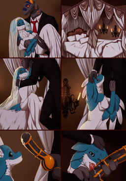 4_ears anthro balls bed big_penis biped blue_body blue_feathers blush bodily_fluids bridal_carry carrying_another claws clothed clothing dress duo erection feathered_wings feathers fellatio furniture genital_fluids genitals grey_body licking machine male male/male mohawk multi_ear oral orange_accents penile penis sex tail tail_feathers tongue tongue_out wedding_dress white_body white_feathers winged_arms wings van-lu rogue_emberwing xeno_emberwing avali robot synth_(vader-san) absurd_res comic digital_media_(artwork) hi_res