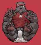 5_fingers 5_toes anthro black_nose bulge claws clothed clothing feet fingers fur hindpaw looking_at_viewer male muscular muscular_anthro muscular_male open_mouth pawpads paws red_background red_eyes sharp_teeth simple_background smile solo teeth toe_claws toes rpbbw bear mammal 2018 digital_drawing_(artwork) digital_media_(artwork)