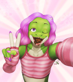 anthro arm_warmers armwear clothed clothing colored_nails crop_top eating_feces feces feces_in_mouth gesture green_body green_skin hair hand_gesture male nails open_mouth pink_hair purple_eyes shirt solo swallowing_feces swallowing_feces_whole topwear v_sign pampermousse sammy_(sammyyboyy) lizard reptile scalie hi_res