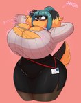 anthro big_breasts blue_hair bottomwear breasts brown_body brown_fur clothing eyewear female fur glasses hair huge_breasts pencil_skirt skirt solo stretching sweater tail thick_thighs topwear torn_clothing jwinkz zoey_(jwinkz) canid canine canis domestic_dog mammal 2023 hi_res