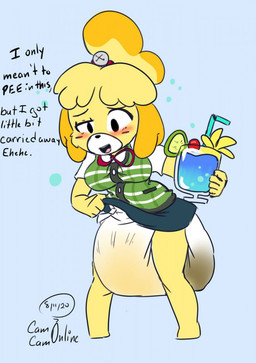 alcohol anthro beverage big_diaper biped blouse blush bodily_fluids bottomwear bubble clothed clothing clothing_lift cocktail dialogue diaper diaper_under_clothing diaper_under_skirt drunk drunk_bubble exposed_diaper feces female genital_fluids huge_diaper one_eye_half-closed sagging_diaper simple_coloring skirt skirt_lift soiled_diaper solo substance_intoxication text topwear unclean_diaper urine used_diaper vacation_juice wearing_diaper wet_diaper yellow_body camcamonline animal_crossing nintendo isabelle_(animal_crossing) canid canine canis domestic_dog mammal shih_tzu toy_dog 2020 digital_drawing_(artwork) digital_media_(artwork) english_text hi_res shaded simple_shading