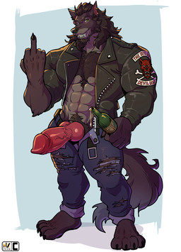4_toes 5_fingers abs alcohol animal_genitalia animal_penis anthro beer beer_bottle beverage bio_in_description biped black_body black_fur black_hair black_nose body_hair bottle bottomwear canine_genitalia canine_penis chest_hair clothed clothed_anthro clothed_male clothing container denim denim_bottomwear denim_clothing erection fangs feet fingers fur genitals gesture grin hair hand_gesture happy_trail hindpaw humanoid_hands jacket jeans knot knotted_penis leather leather_clothing leather_jacket leather_topwear male middle_finger muscular muscular_anthro muscular_male navel open_bottomwear open_clothing open_jeans open_pants pants paws pecs penis pubes smile solo standing tail teeth toes topwear torn_bottomwear torn_clothing torn_jeans torn_pants vein veiny_penis nexus trenton_o'connor canid canine canis mammal wolf hi_res story story_in_description