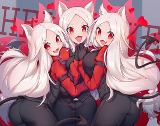 5_fingers big_breasts black_clothing blush breasts butt butt_pose clothed clothing cute_fangs fangs female female_humanoid fingers group hair happy heart_symbol hug long_hair looking_at_viewer looking_back looking_back_at_viewer open_mouth pose red_clothing red_eyes smile spade_tail tail teeth tongue trio white_ears white_hair zeroblood helltaker cerberus_(helltaker) animal_humanoid canid canid_humanoid canine canine_humanoid demon dog_humanoid humanoid mammal mammal_humanoid 2020 absurd_res digital_media_(artwork) hi_res sibling_(lore) triplets_(lore)