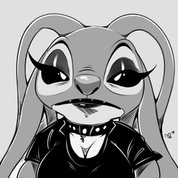 alternative_fashion antennae_(anatomy) big_nose breasts cleavage clothed clothing collar ears_down eyelashes eyeshadow female frown fur goth grey_background lidded_eyes lips lipstick long_antennae long_ears looking_at_viewer makeup pivoted_ears simple_background solo text thick_bottom_lip thick_eyelashes conditional_dnp digitaldomain123 disney lilo_and_stitch angel_(lilo_and_stitch) alien experiment_(lilo_and_stitch) 1:1 2026 absurd_res artist_name digital_drawing_(artwork) digital_media_(artwork) greyscale hi_res monochrome signature