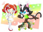 accessory blush boots bottomwear clothed clothing duo electronics eyewear female flower flower_in_hair footwear glasses gloves hair hair_accessory handwear headgear headphones headwear male plant roller_skates shoes simple_background skirt tail weapon pinkuunegai capcom jet_set_radio sega sonic_the_hedgehog_(series) sonic_x space_channel_5 15_(eggbot15) beat_(jet_set_radio) fan_character starla_(eggbot15) ulala darkling domestic_cat elemental_creature felid feline felis flora_fauna mammal seedrian 4:3 digital_media_(artwork) hi_res