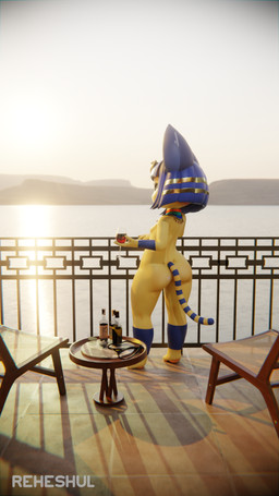 4_fingers alcohol anthro balcony beverage blue_hair bob_cut chair clothing coffee_table container cup drinking_glass female fingers fur furniture glass glass_container glass_cup hair holding_container holding_cup holding_drinking_glass holding_object holding_wine_glass lounge_chair markings nipples nude outside panties rear_view sea solo standing striped_markings striped_tail stripes table tail tail_markings underwear uraeus water wine wine_glass yellow_body yellow_fur reheshul zy0n7_(modeler) animal_crossing nintendo ankha_(animal_crossing) domestic_cat felid feline felis mammal 3d_(artwork) 9:16 digital_media_(artwork) hi_res